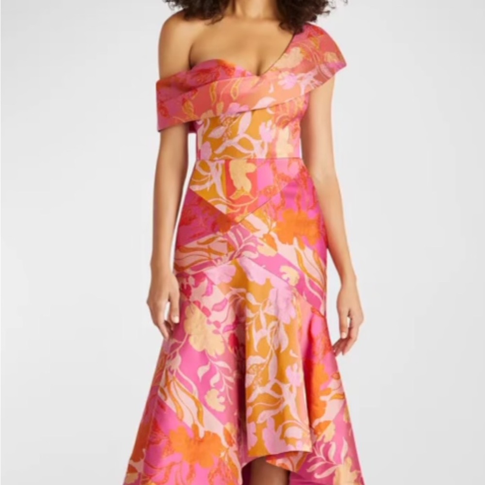 Theia Pink and Orange Asymmetrical Ruffled One Shoulder Dress